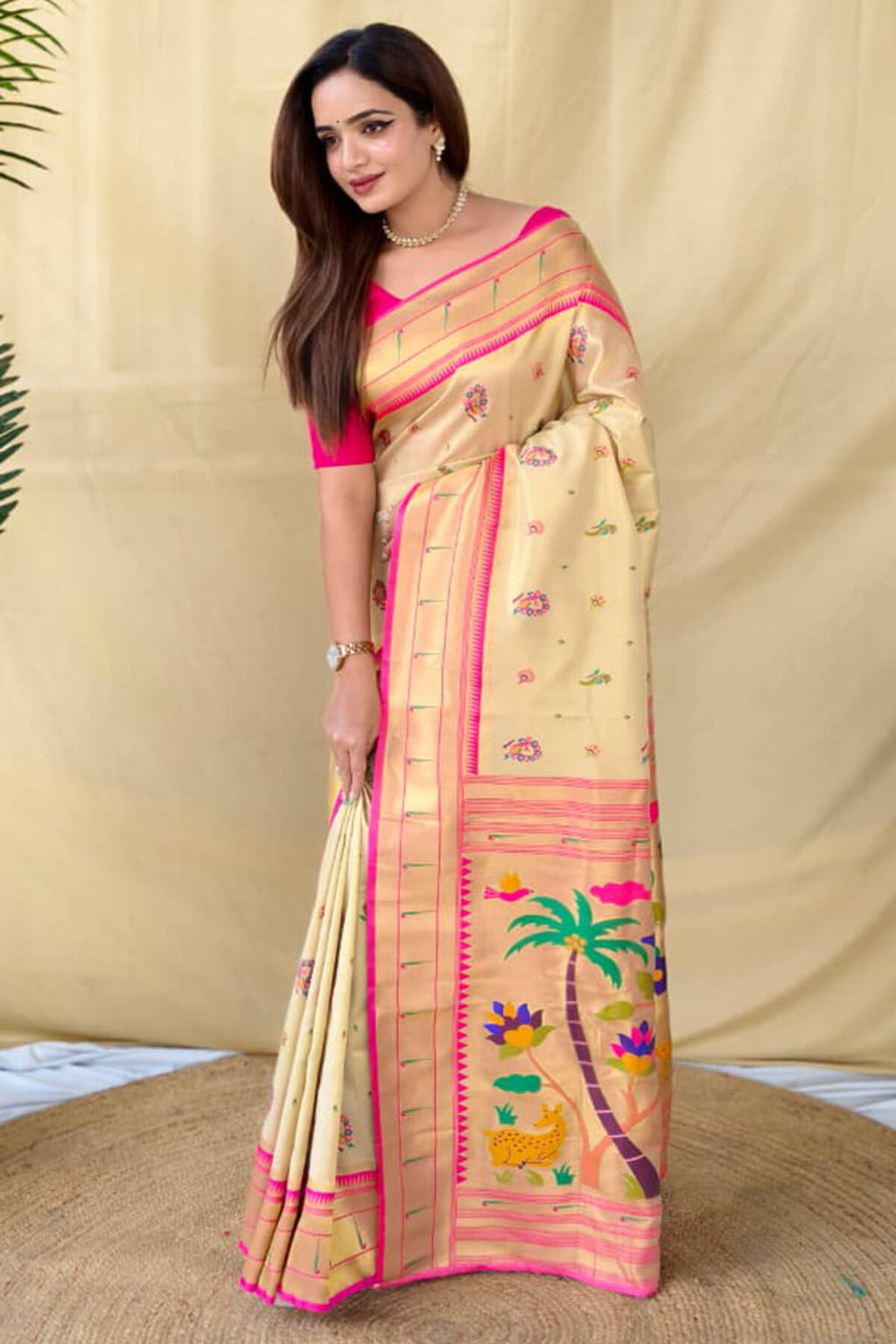Pavlova Beige Zari Woven Paithani Tissue Silk Saree