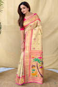 Pavlova Beige Zari Woven Paithani Tissue Silk Saree