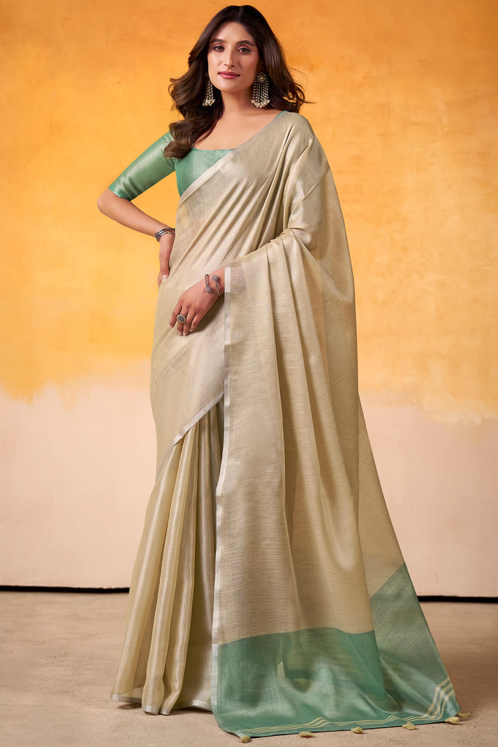 Pavlova Beige Zari Woven Tissue Silk Saree