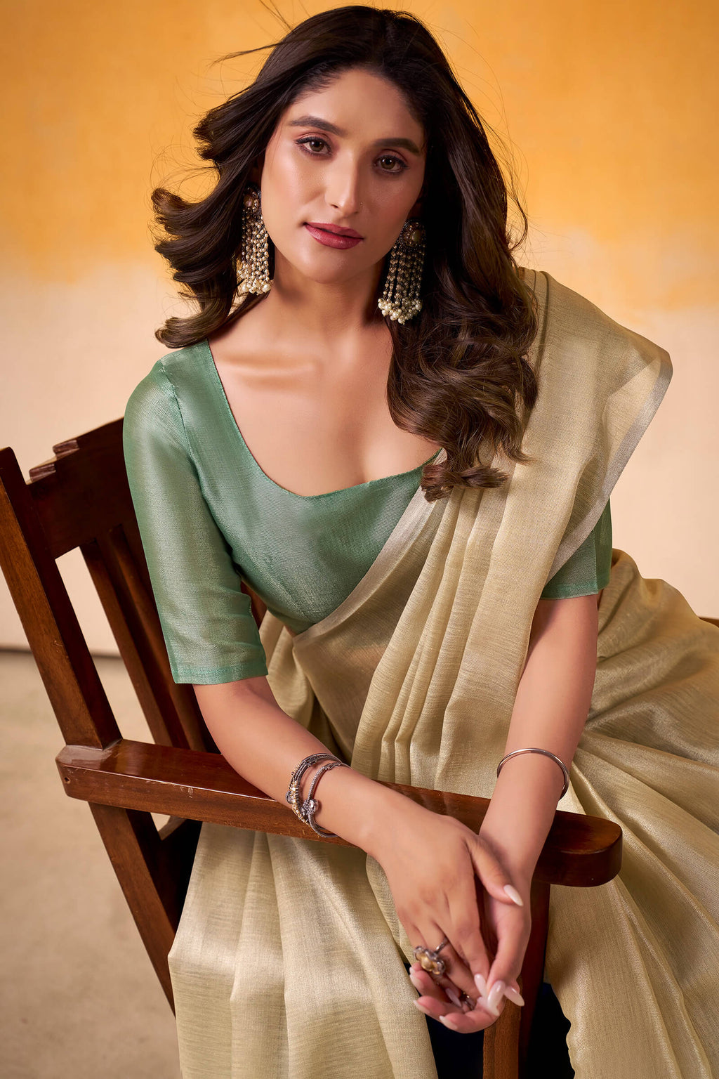 Pavlova Beige Zari Woven Tissue Silk Saree
