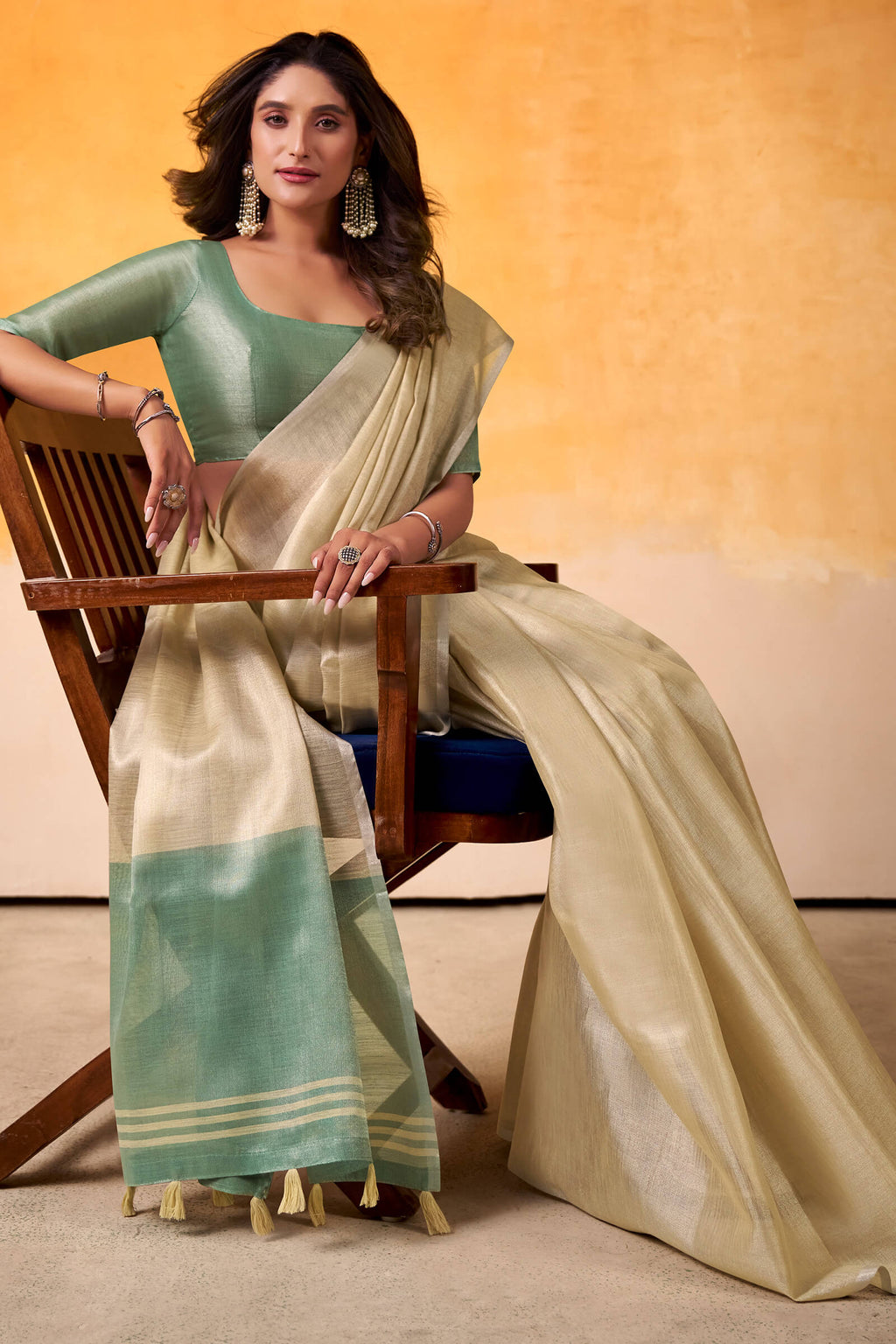Pavlova Beige Zari Woven Tissue Silk Saree