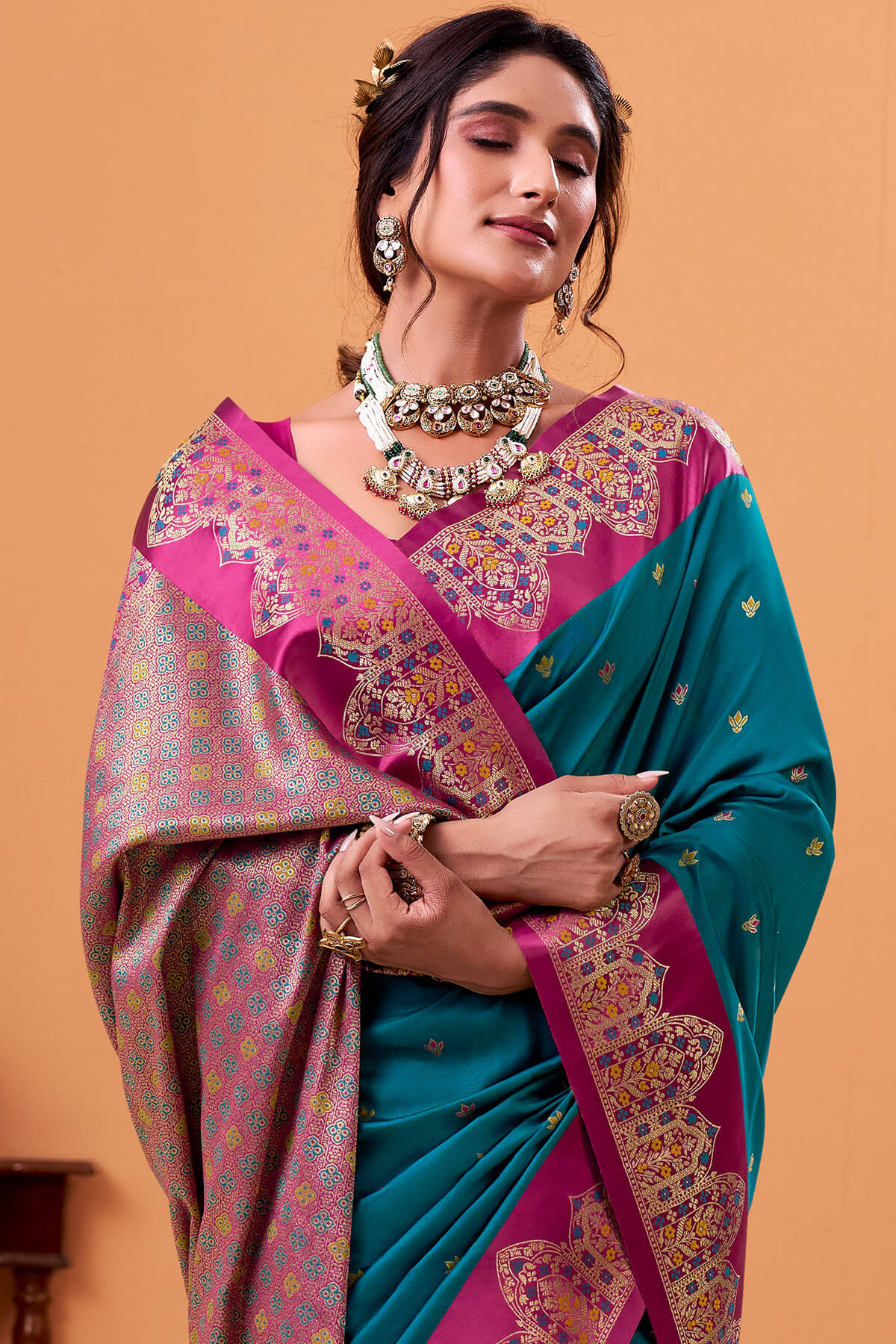 Peacock Blue Zari Woven Satin Silk Saree