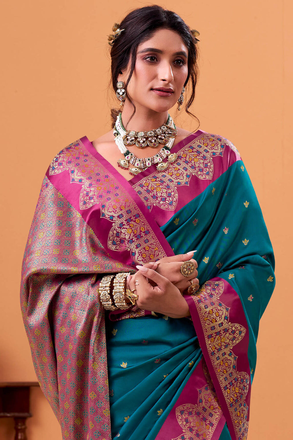 Peacock Blue Zari Woven Satin Silk Saree