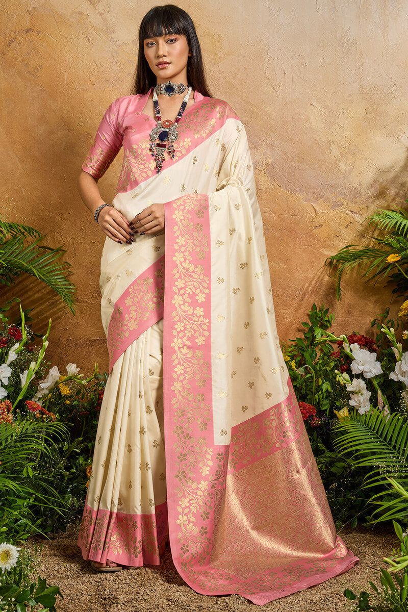 Pearl Beige Banarasi Silk Saree