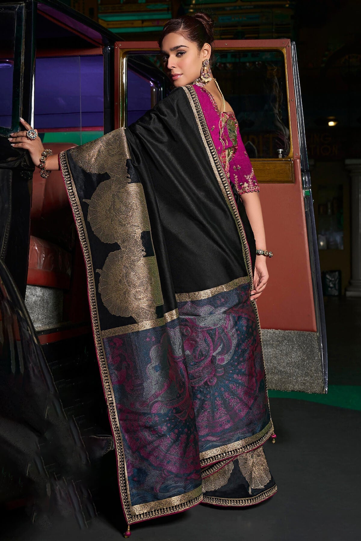 Pearl Black Pure Silk Saree With Fancy Lace Border and Embroidery Blouse