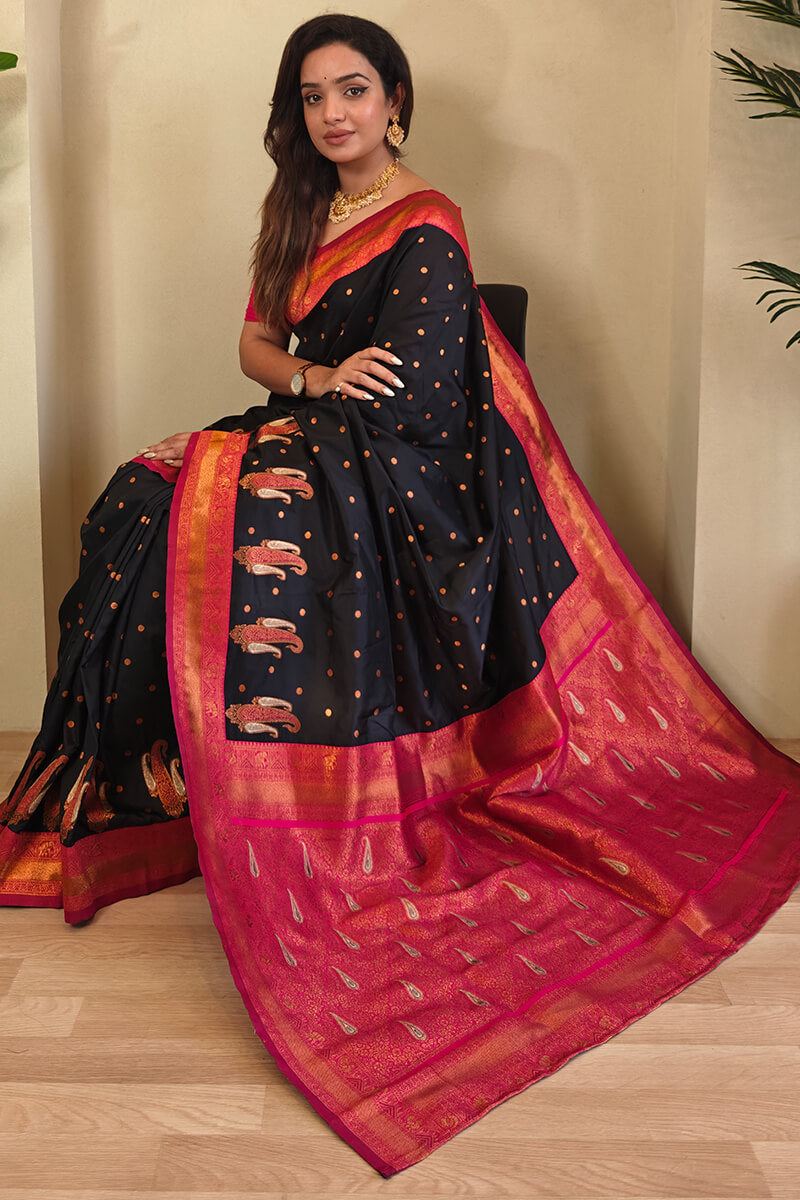 Pearl Black Zari Woven Banarasi Soft Silk Saree