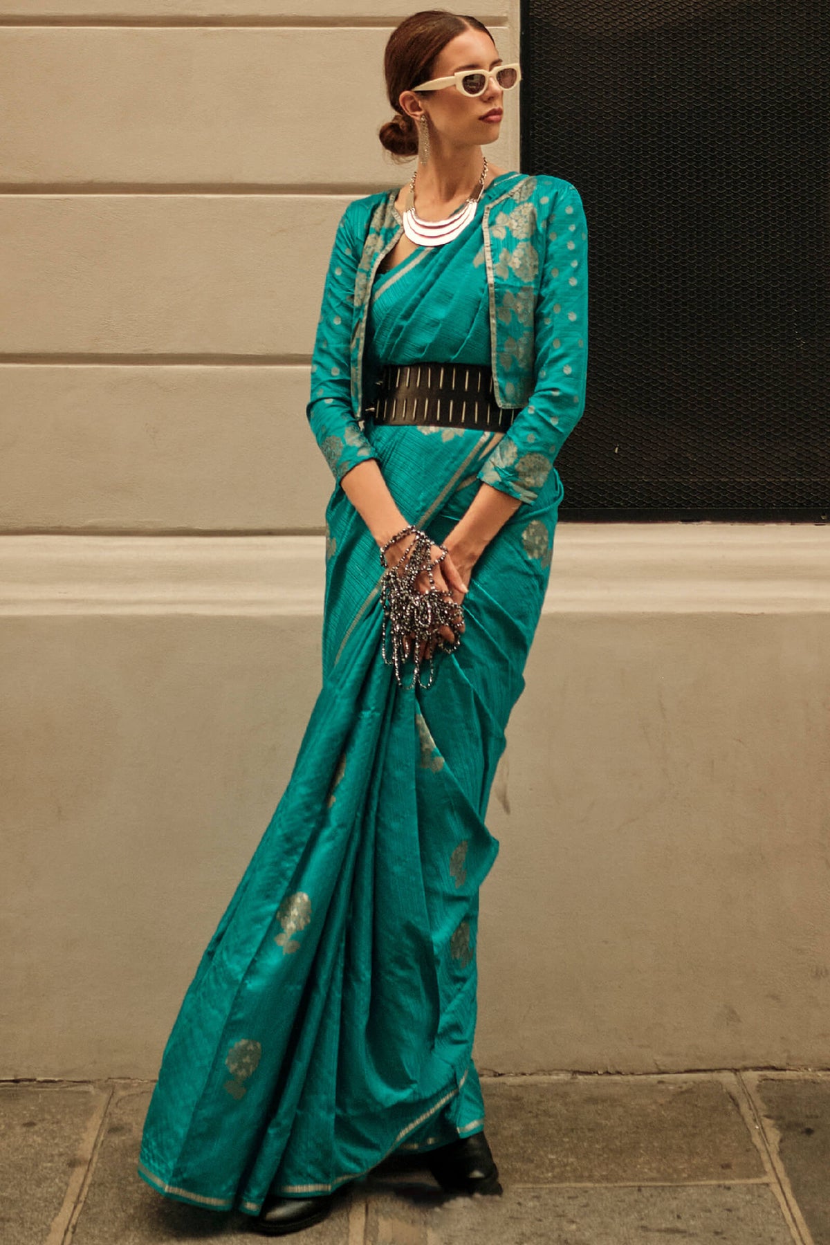 Persian Green Zari Line Banarasi Satin Silk Saree