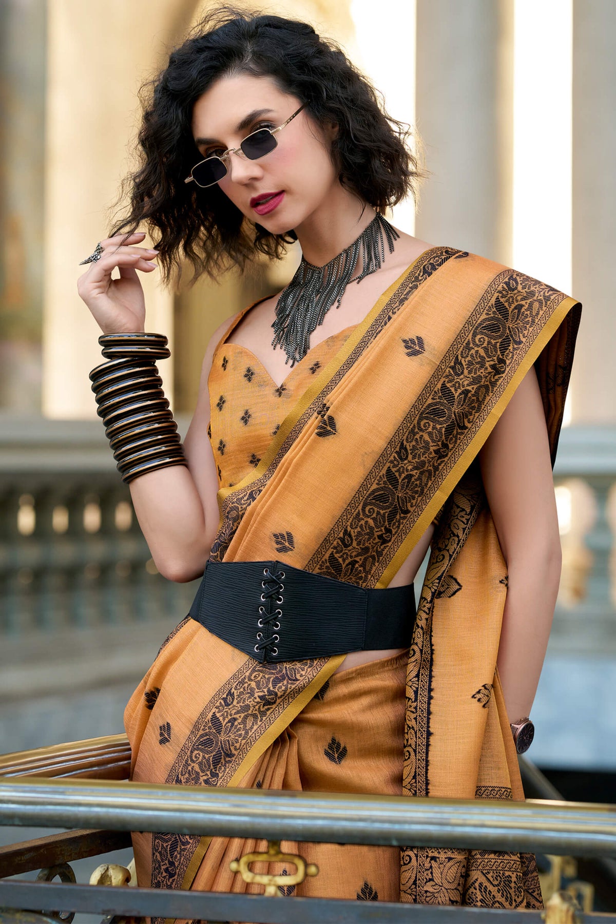 Persian Orange Linen Tissue Silk Saree