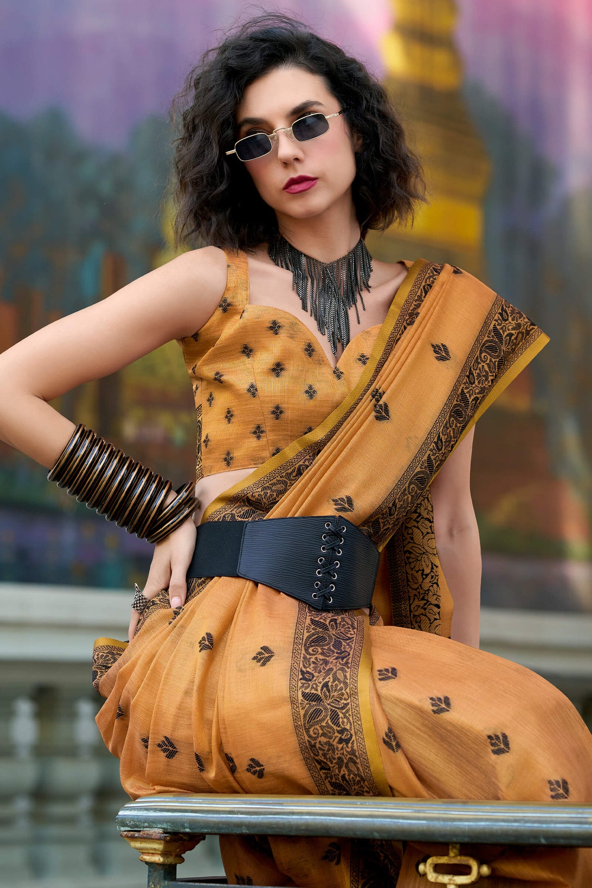 Persian Orange Linen Tissue Silk Saree