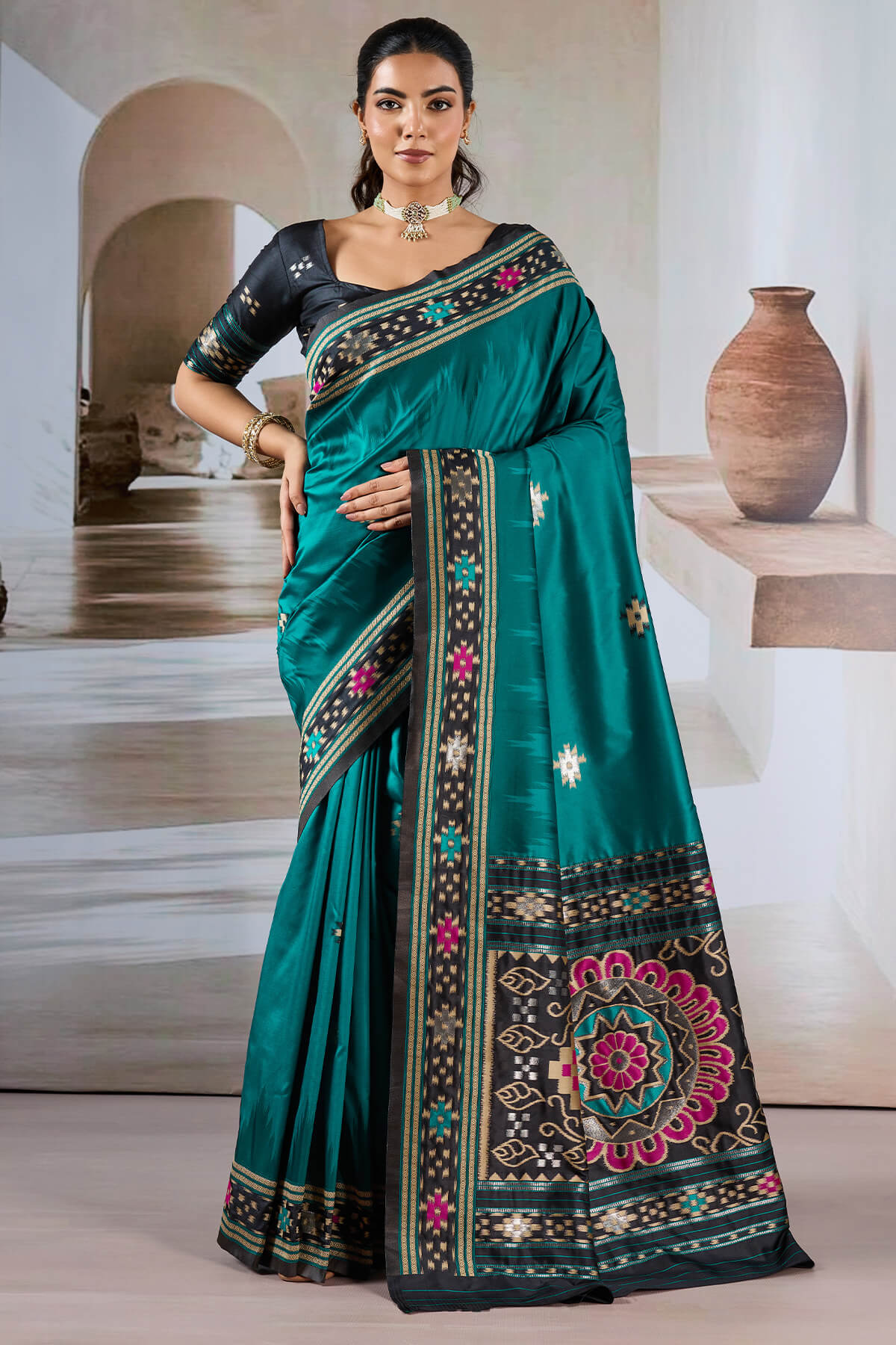 Petrol Blue Patola Silk Saree