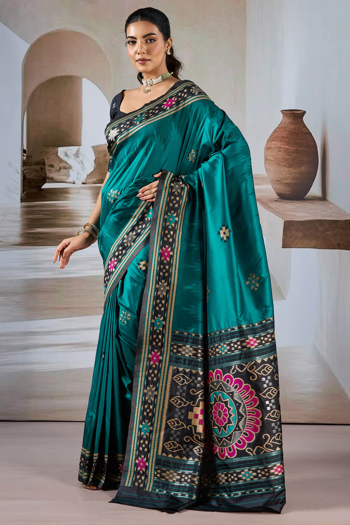 Petrol Blue Patola Silk Saree