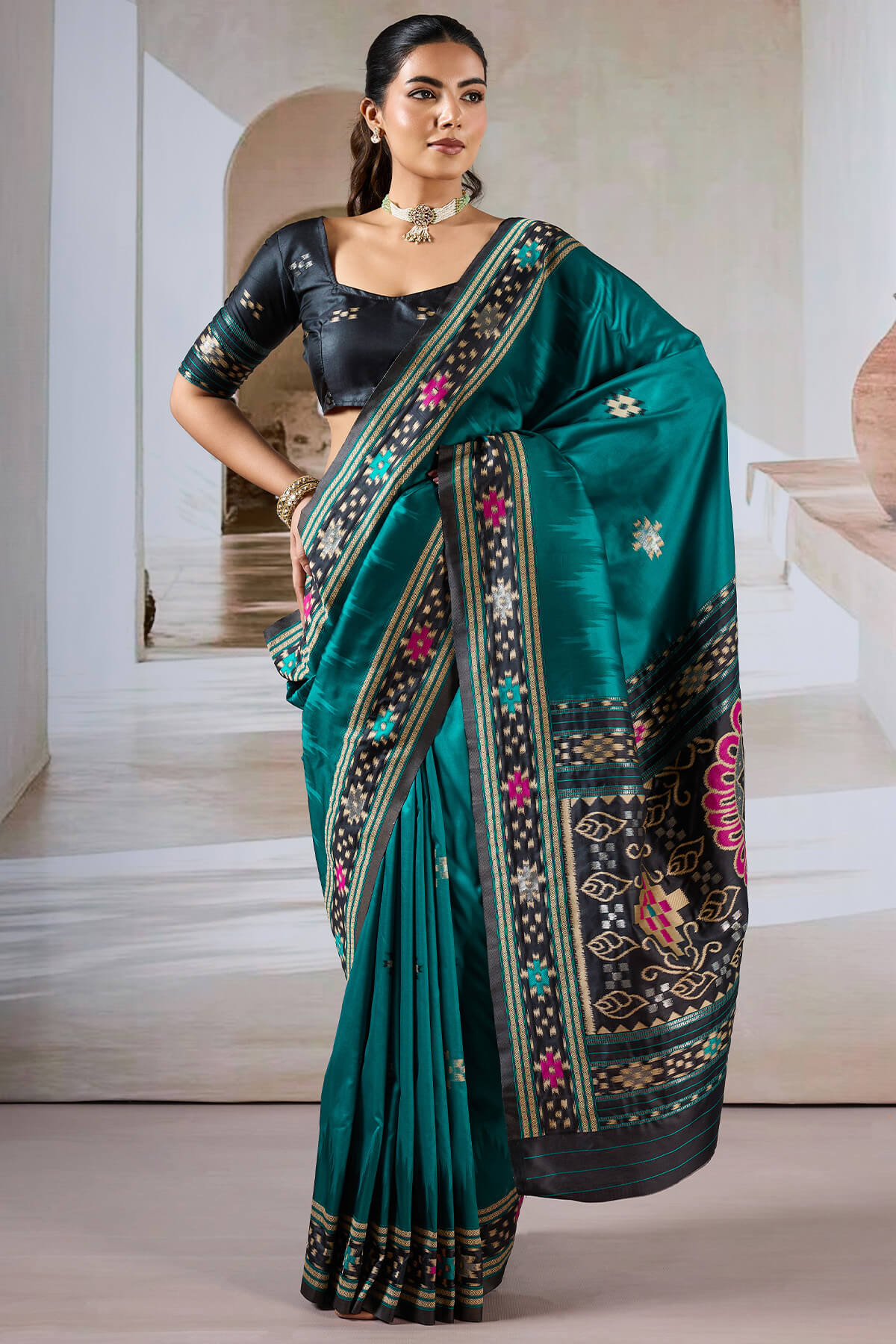Petrol Blue Patola Silk Saree