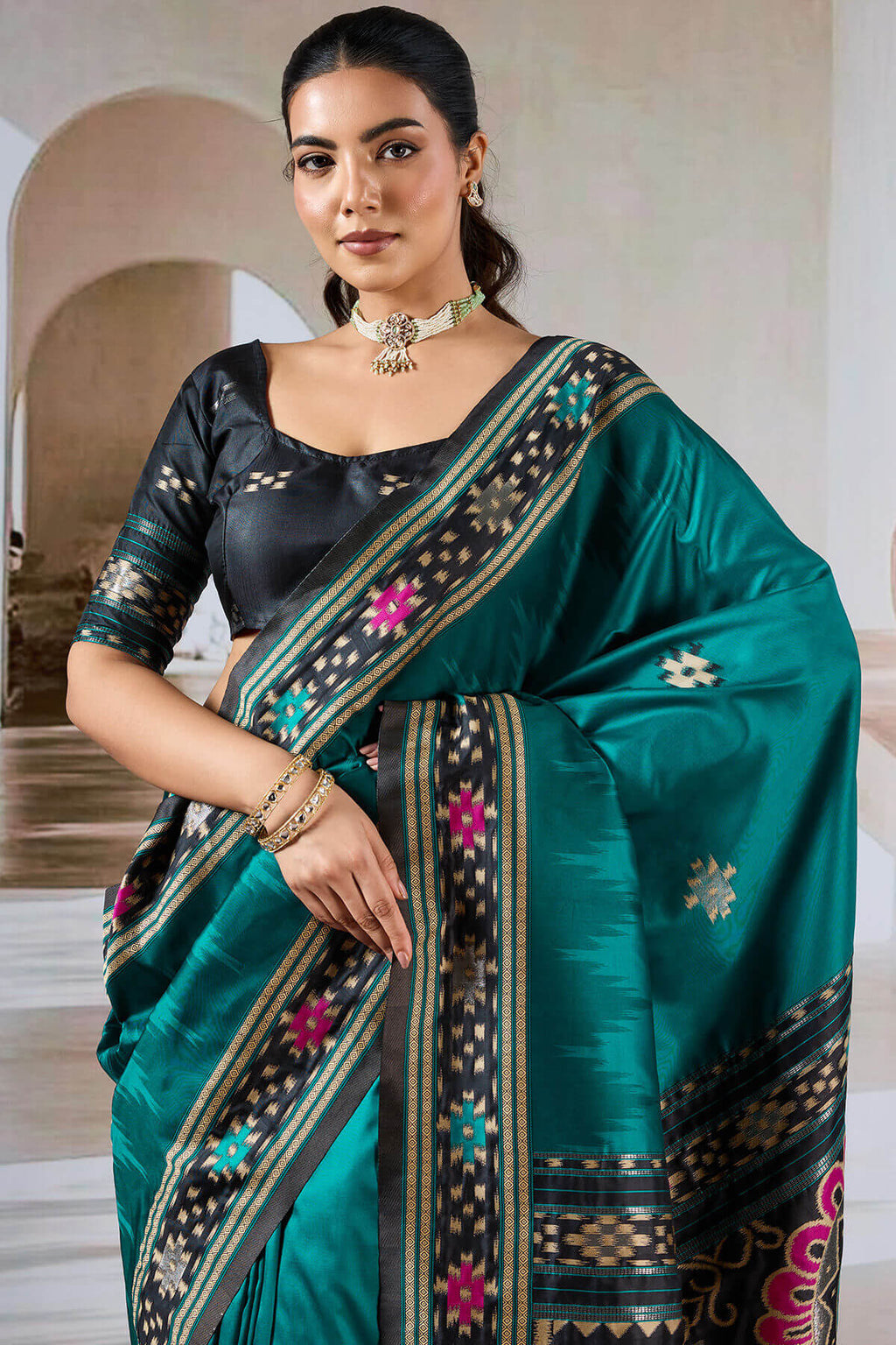 Petrol Blue Patola Silk Saree