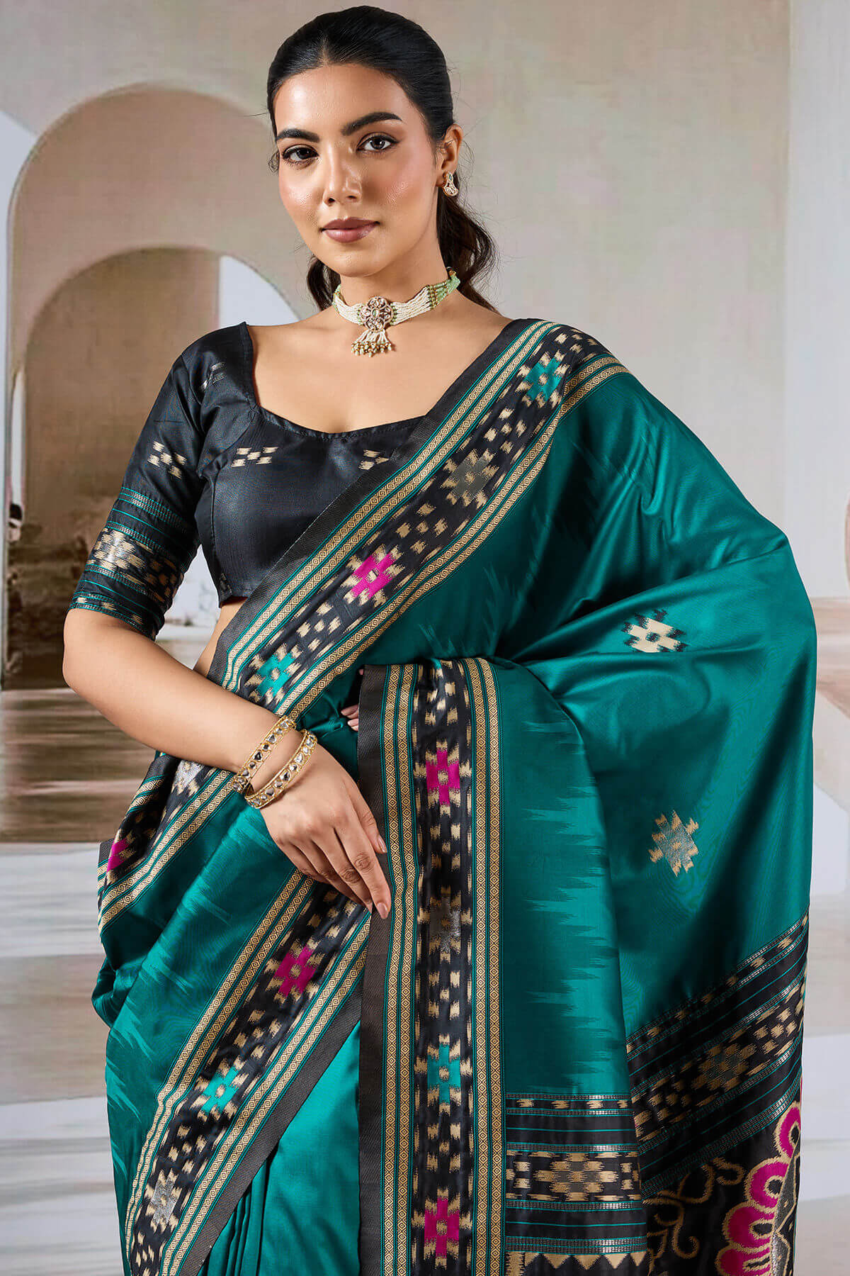 Petrol Blue Patola Silk Saree