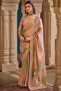 Pink and Grey Hand Work Viscose Saree with Stiched Blouse