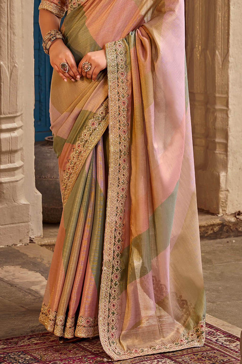 Pink and Grey Hand Work Viscose Saree with Stiched Blouse