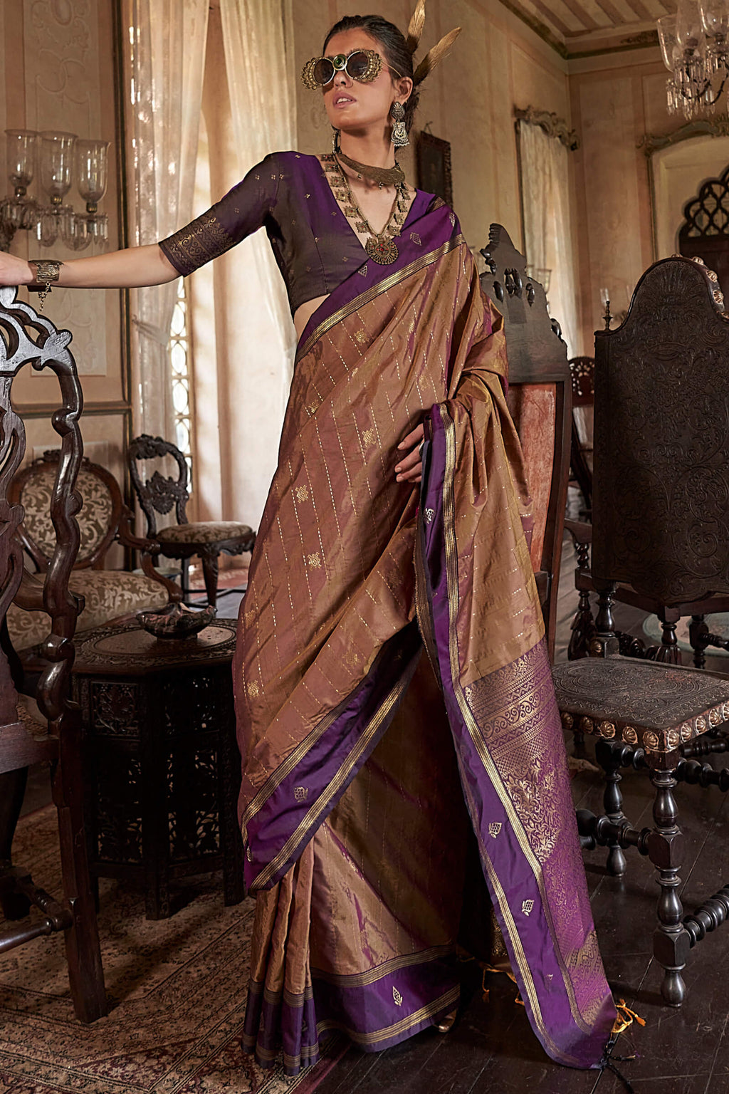 Pinkish Brown Banarasi Tussar Silk Saree