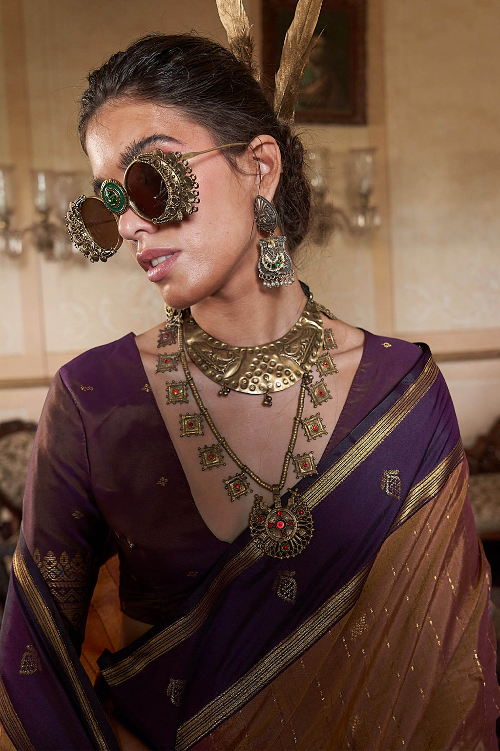 Pinkish Brown Banarasi Tussar Silk Saree
