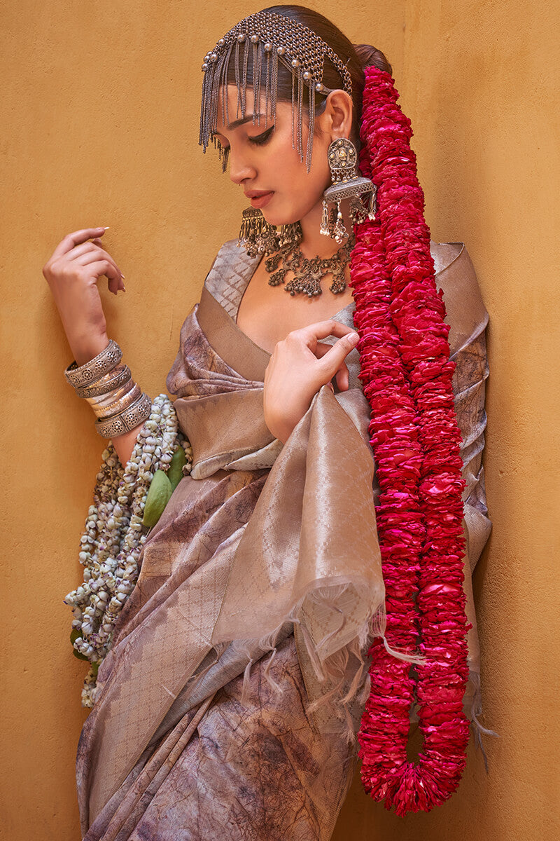Pinkish Brown Digital Printed Linen Silk Saree