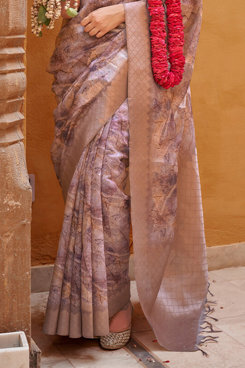 Pinkish Brown Digital Printed Linen Silk Saree