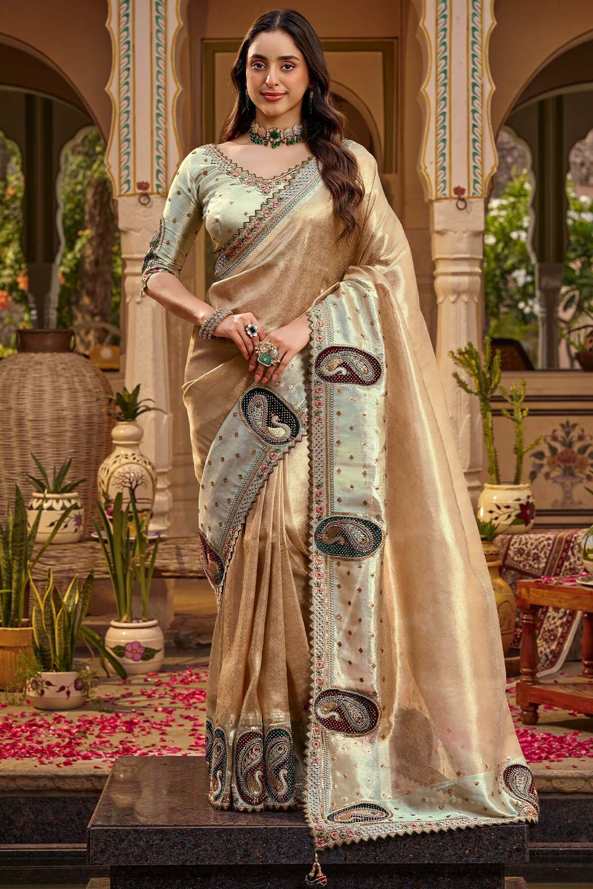 Pinkish Brown Hand Work Viscose Saree with Stiched Blouse