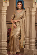 Pinkish Grey Hand Work Viscose Saree with Stiched Blouse