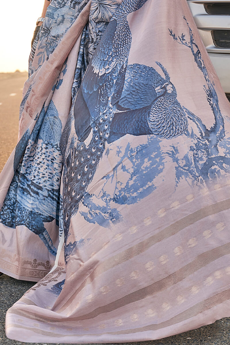 Pinkish Grey Printed Tussar Silk Saree