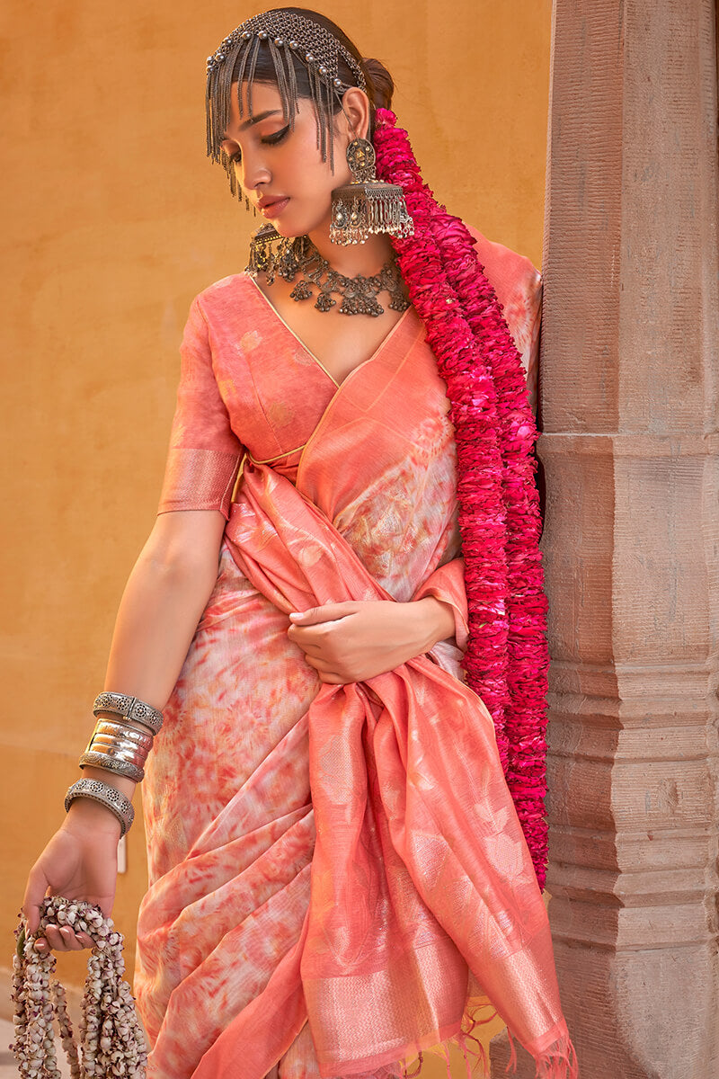 Pinkish Orange Digital Printed Linen Silk Saree