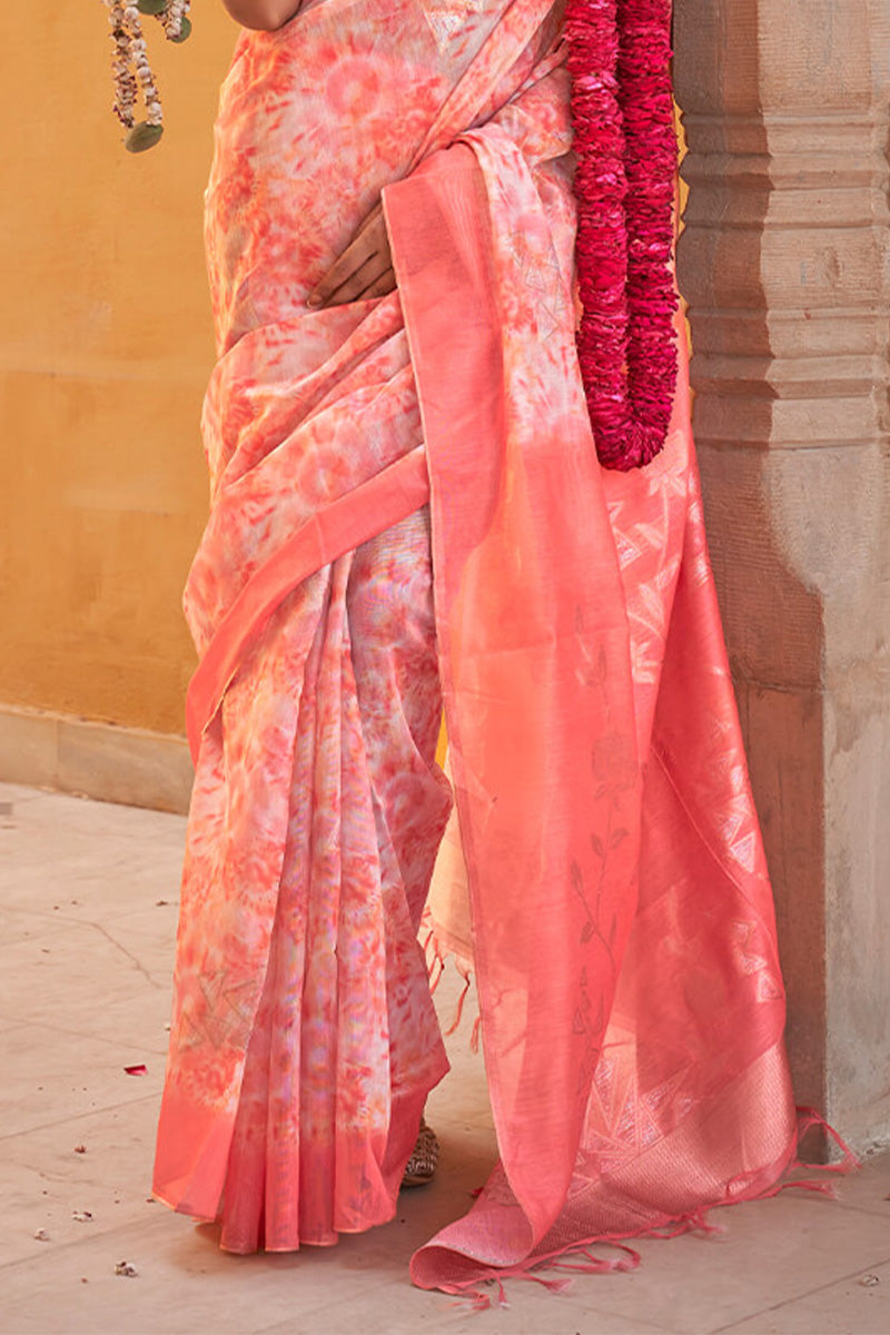 Pinkish Orange Digital Printed Linen Silk Saree