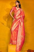 Pinkish Orange Two tone Banarasi Silk Saree