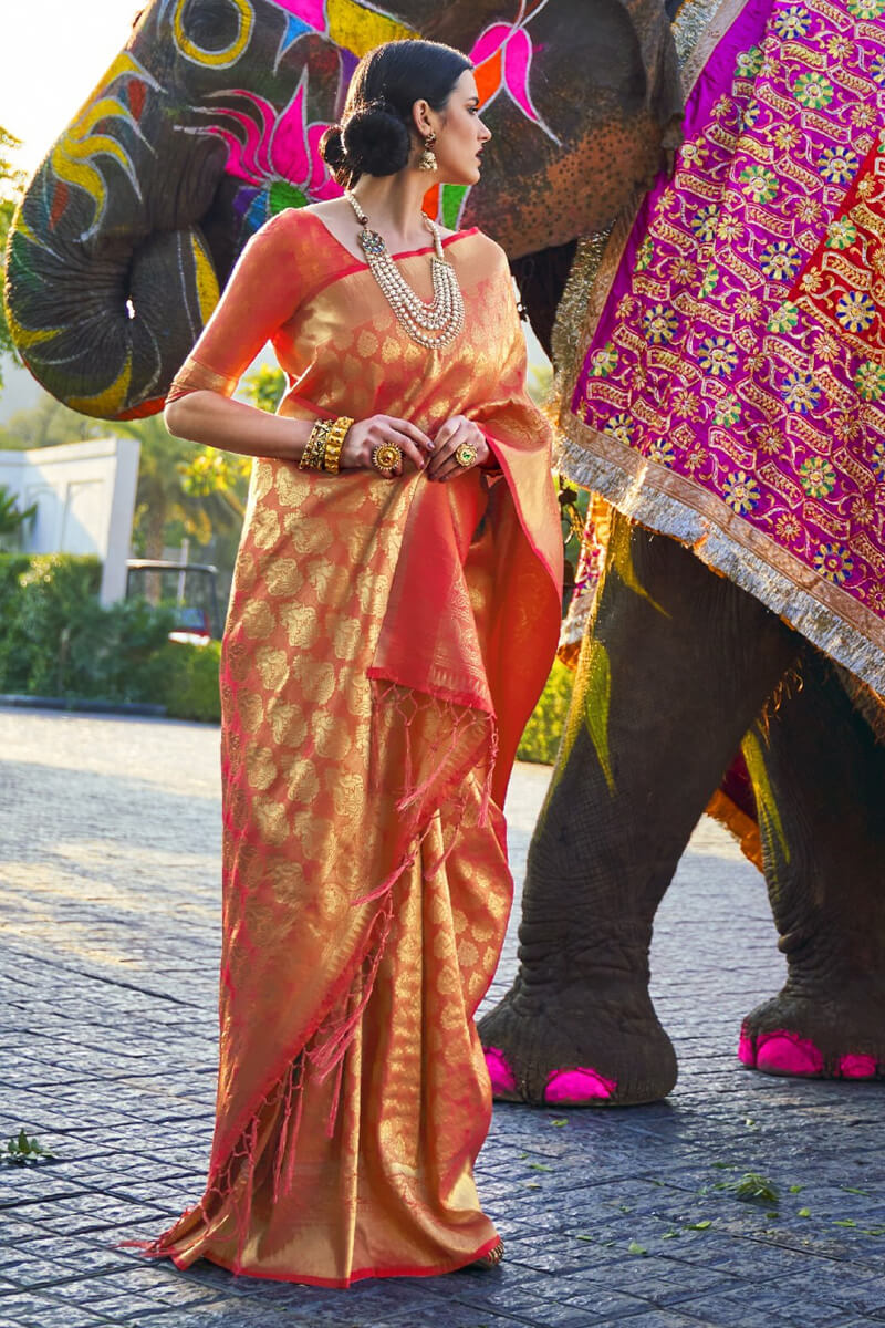 Pinkish Orange Zari Woven Kanjivaram Silk Saree