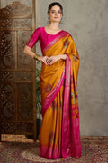 Pirate Gold Printed Satin Silk Saree with Zari woven Border and Pallu