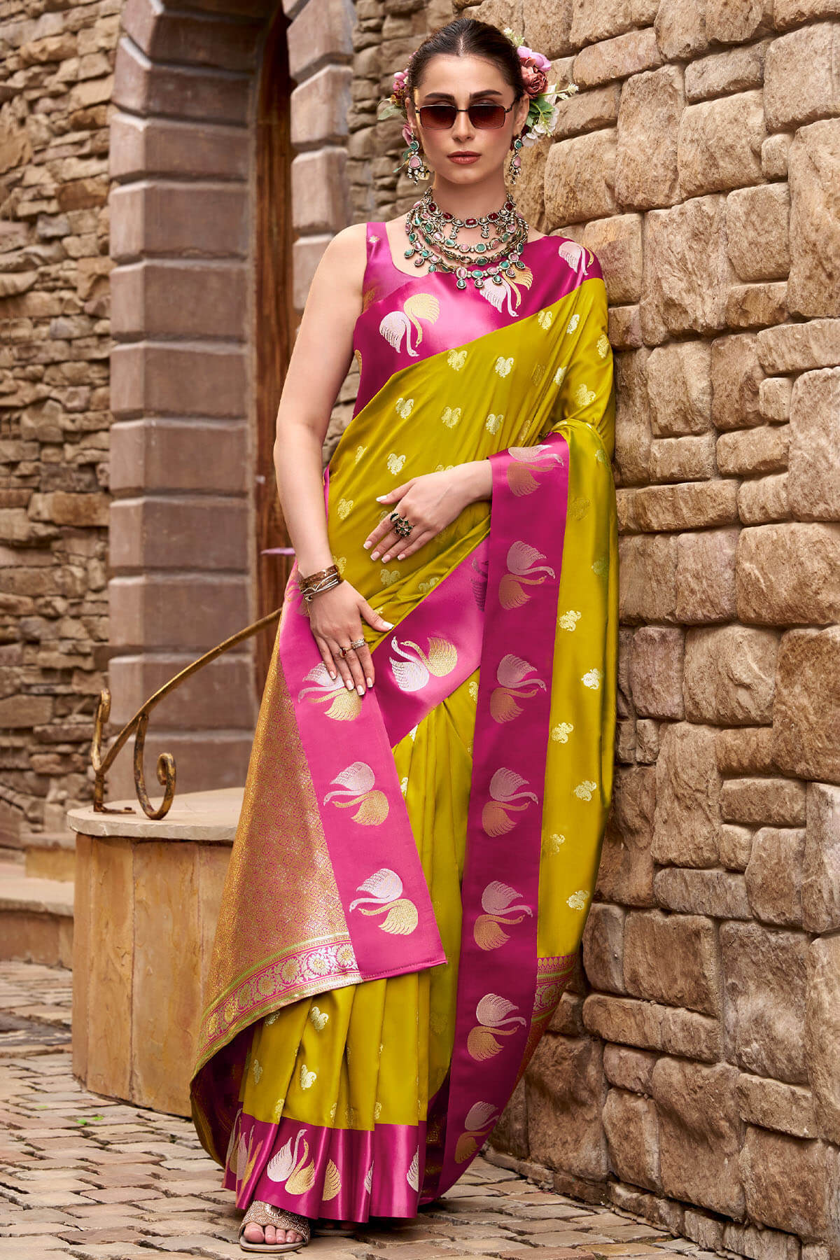 Pirate Gold Satin Silk Saree