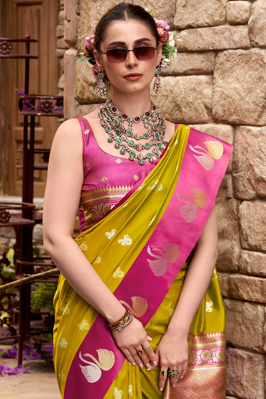 Pirate Gold Satin Silk Saree