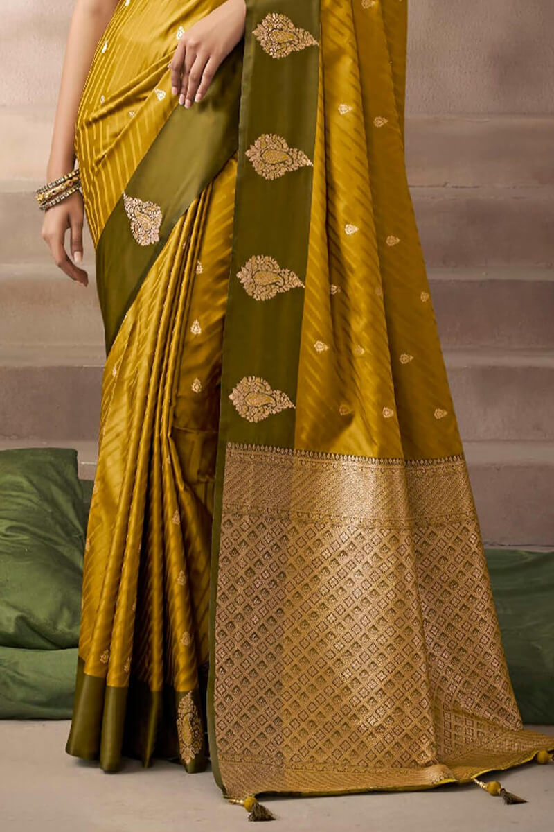 Pirate Gold Zari Woven Satin Silk Saree With Heavy Embroidery Blouse Piece