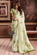 Pista Green Floral Printed Silk Saree