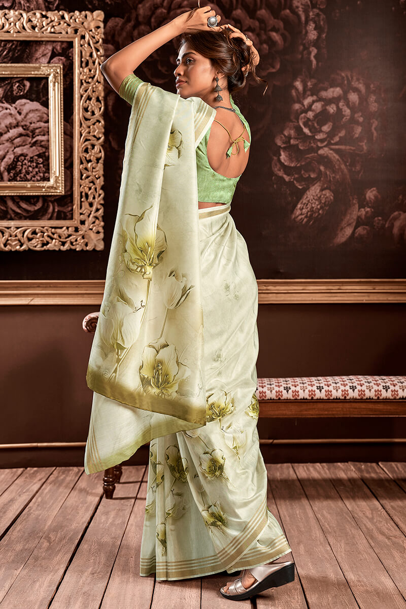 Pista Green Floral Printed Silk Saree