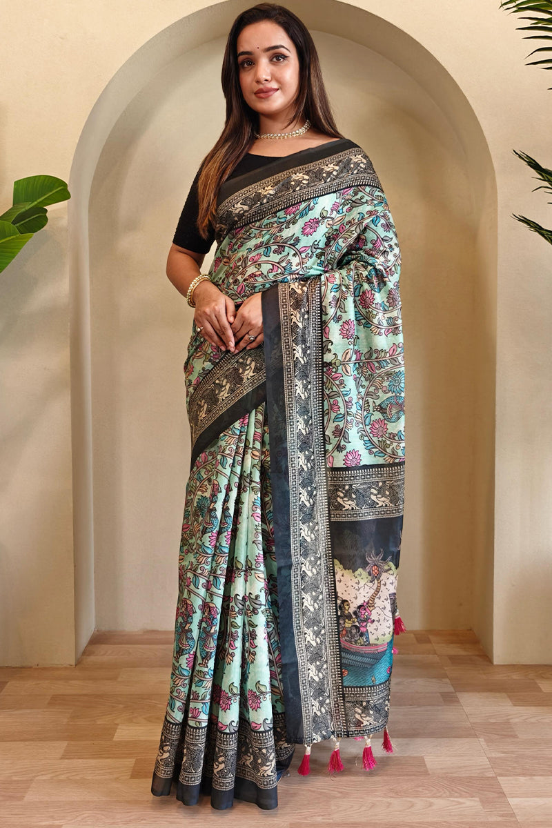 Pixie Green Kalamkari Printed Chanderi Cotton Saree
