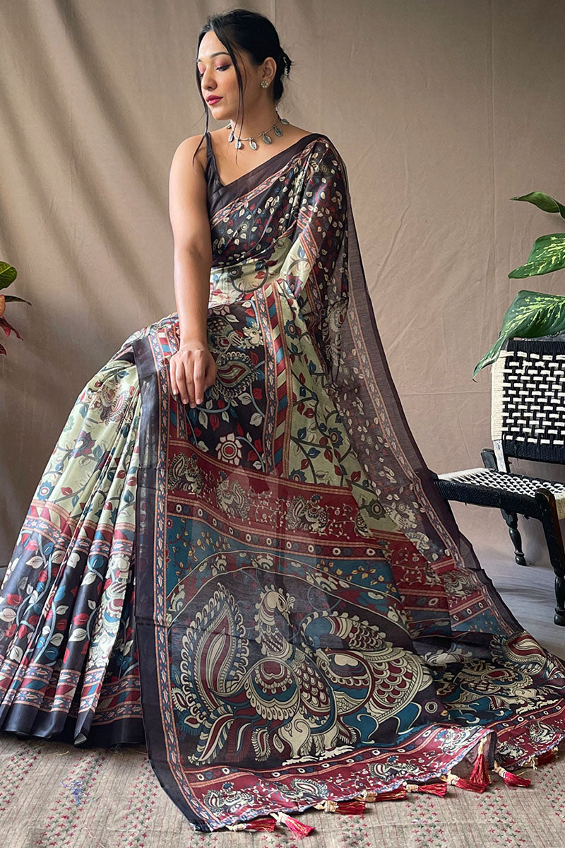 Pixie Green Kalamkari Printed Cotton Saree