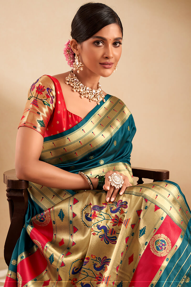 Plantation Blue Paithani Silk Saree