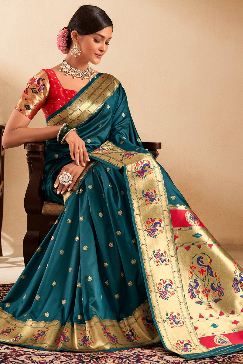 Plantation Blue Paithani Silk Saree