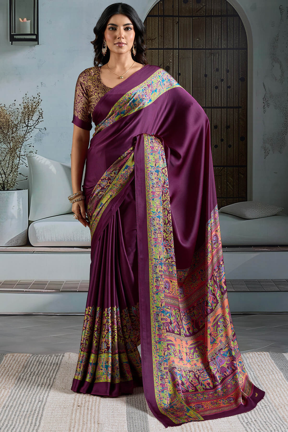 Plum Purple Ajrakh Printed Satin Silk Saree