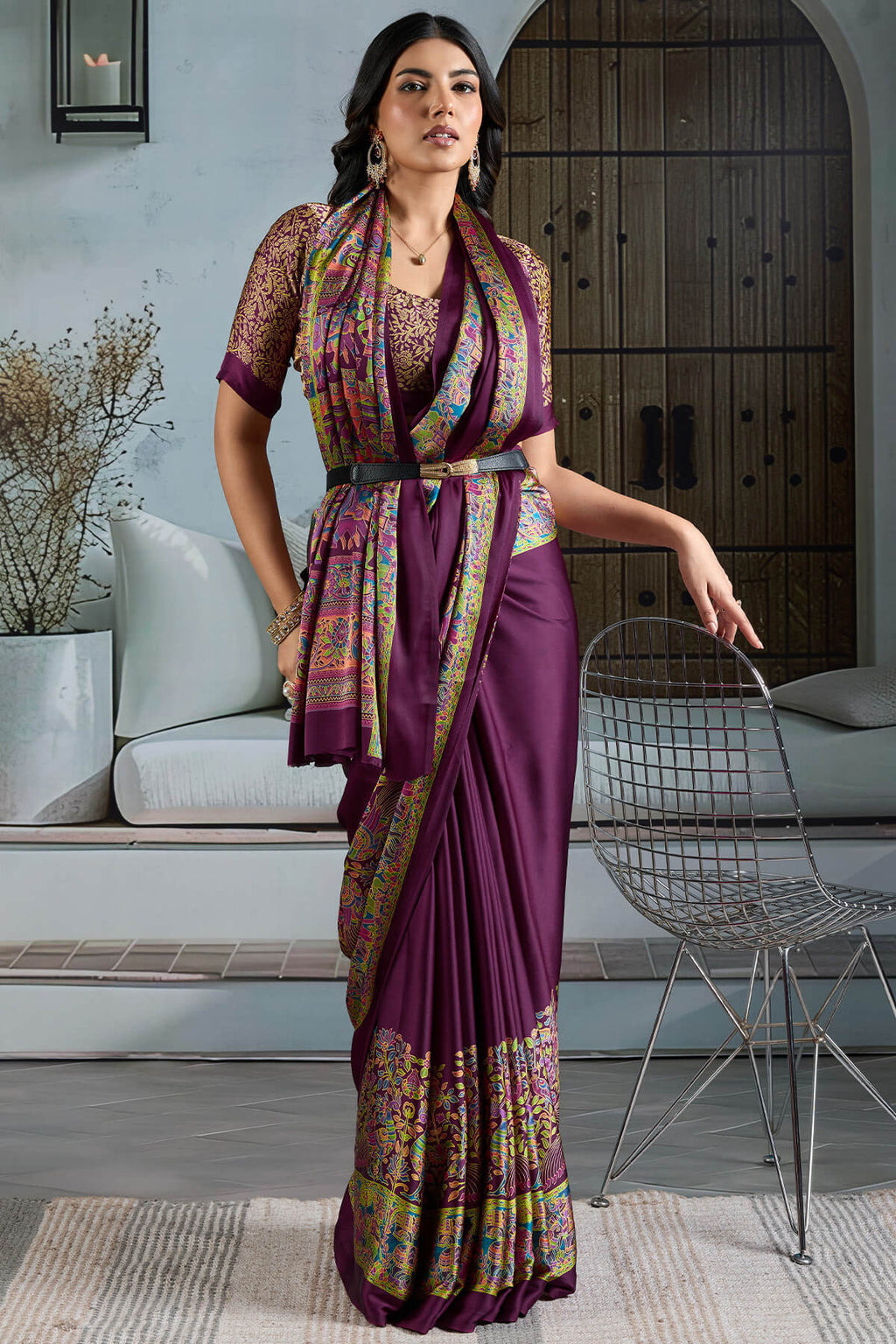 Plum Purple Ajrakh Printed Satin Silk Saree