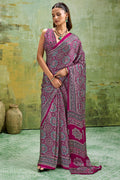 Plum Purple Ajrakh Printed Semi Modal Satin Silk Saree