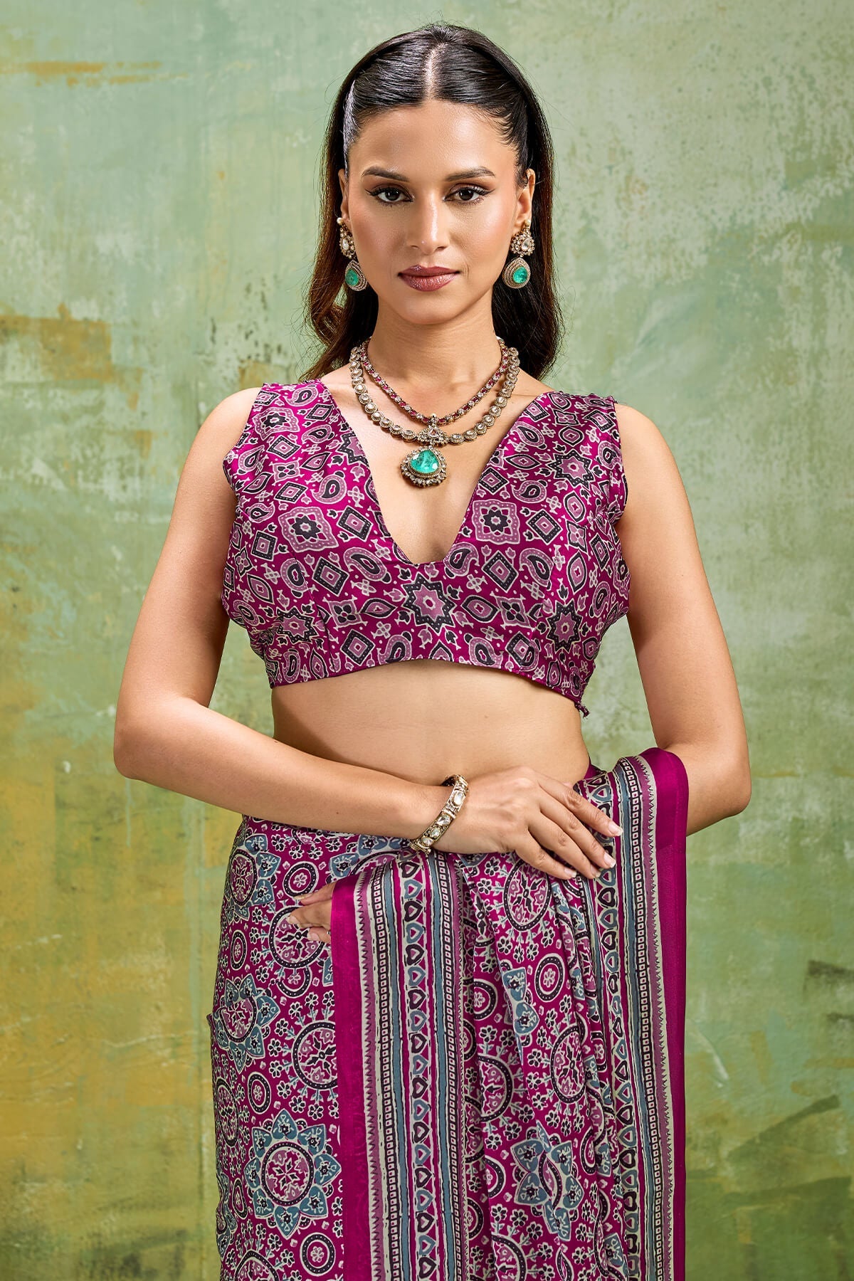 Plum Purple Ajrakh Printed Semi Modal Satin Silk Saree
