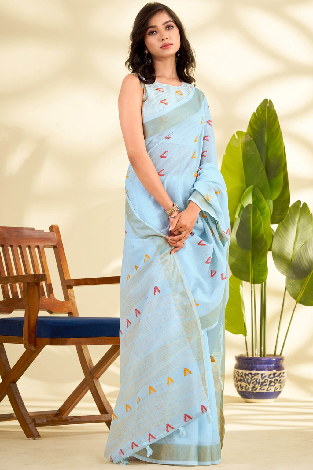 Powder Blue Linen Silk Saree