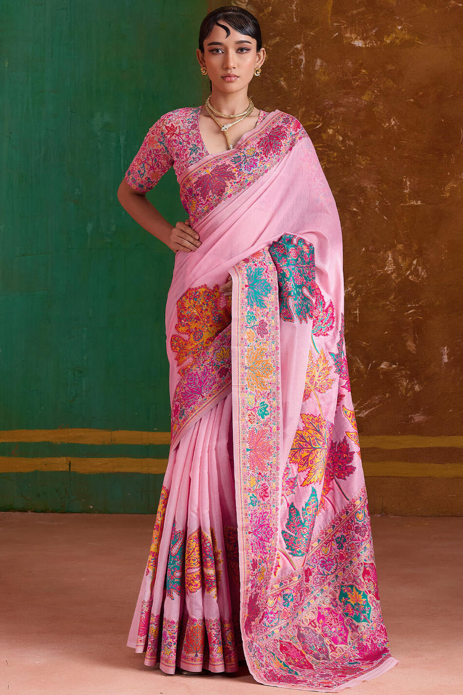 Powder Pink Kashmiri Modal Pashmina Silk Saree