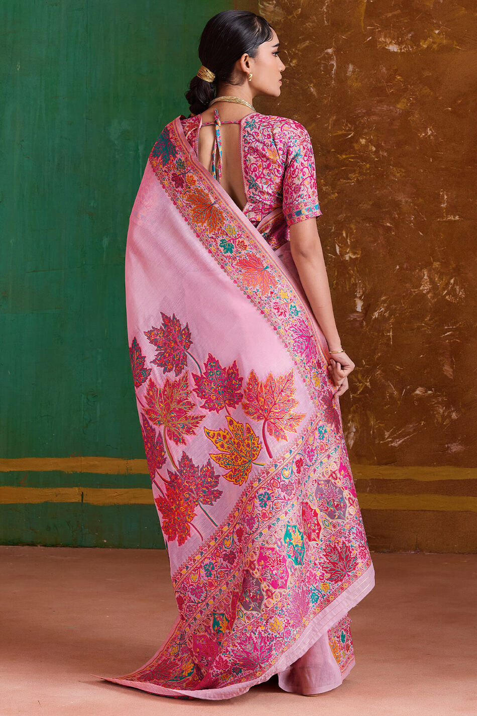 Powder Pink Kashmiri Modal Pashmina Silk Saree