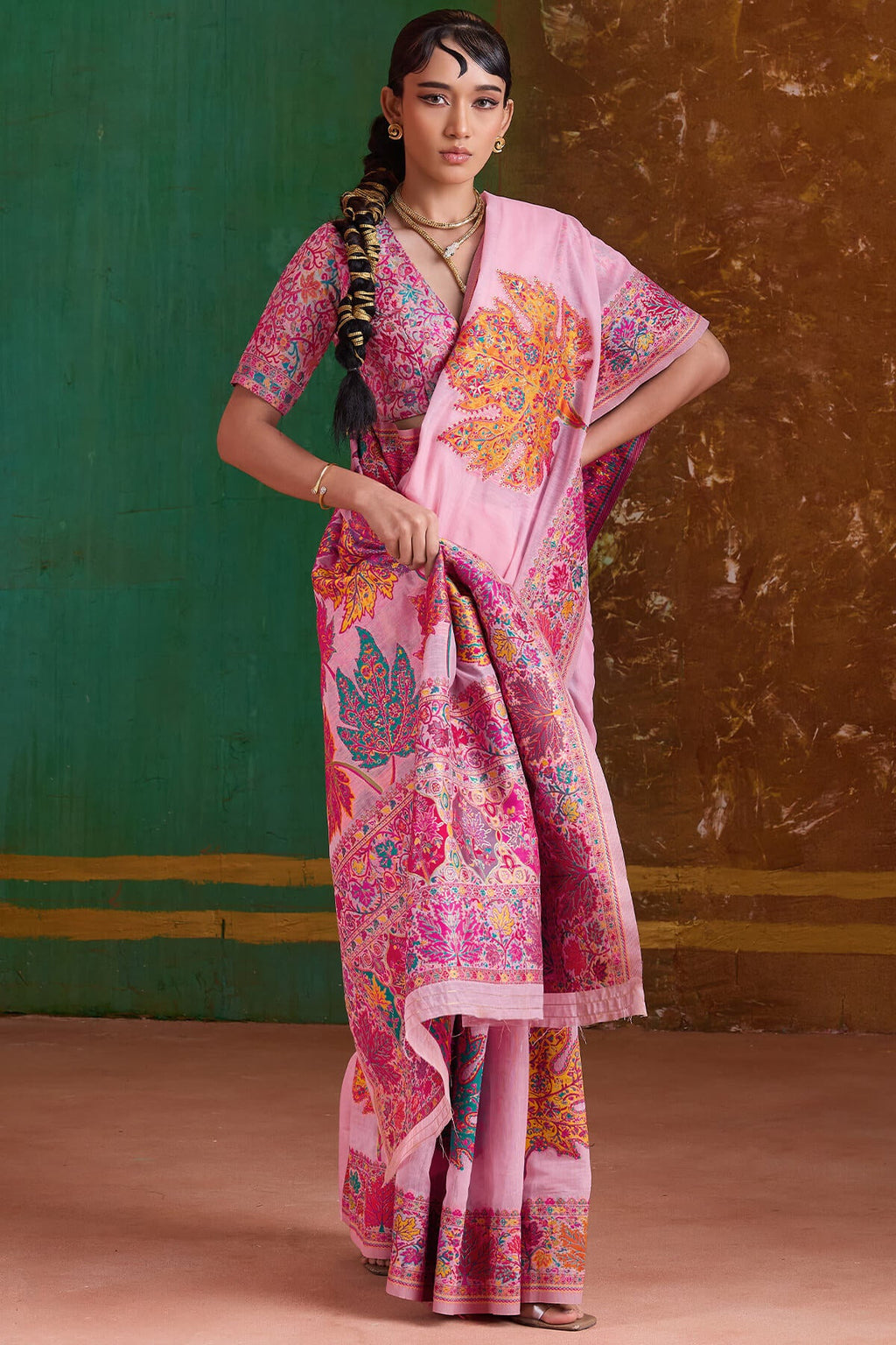 Powder Pink Kashmiri Modal Pashmina Silk Saree
