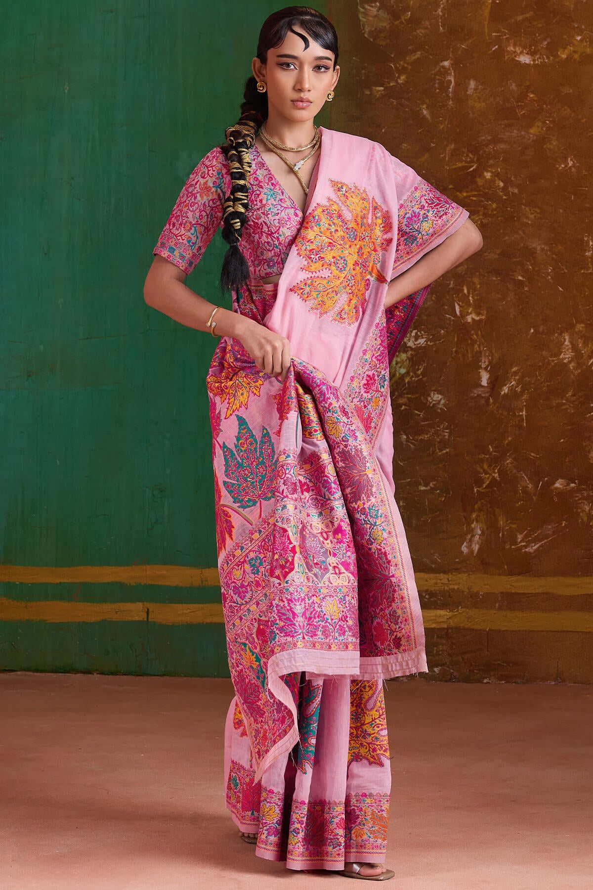 Powder Pink Kashmiri Modal Pashmina Silk Saree